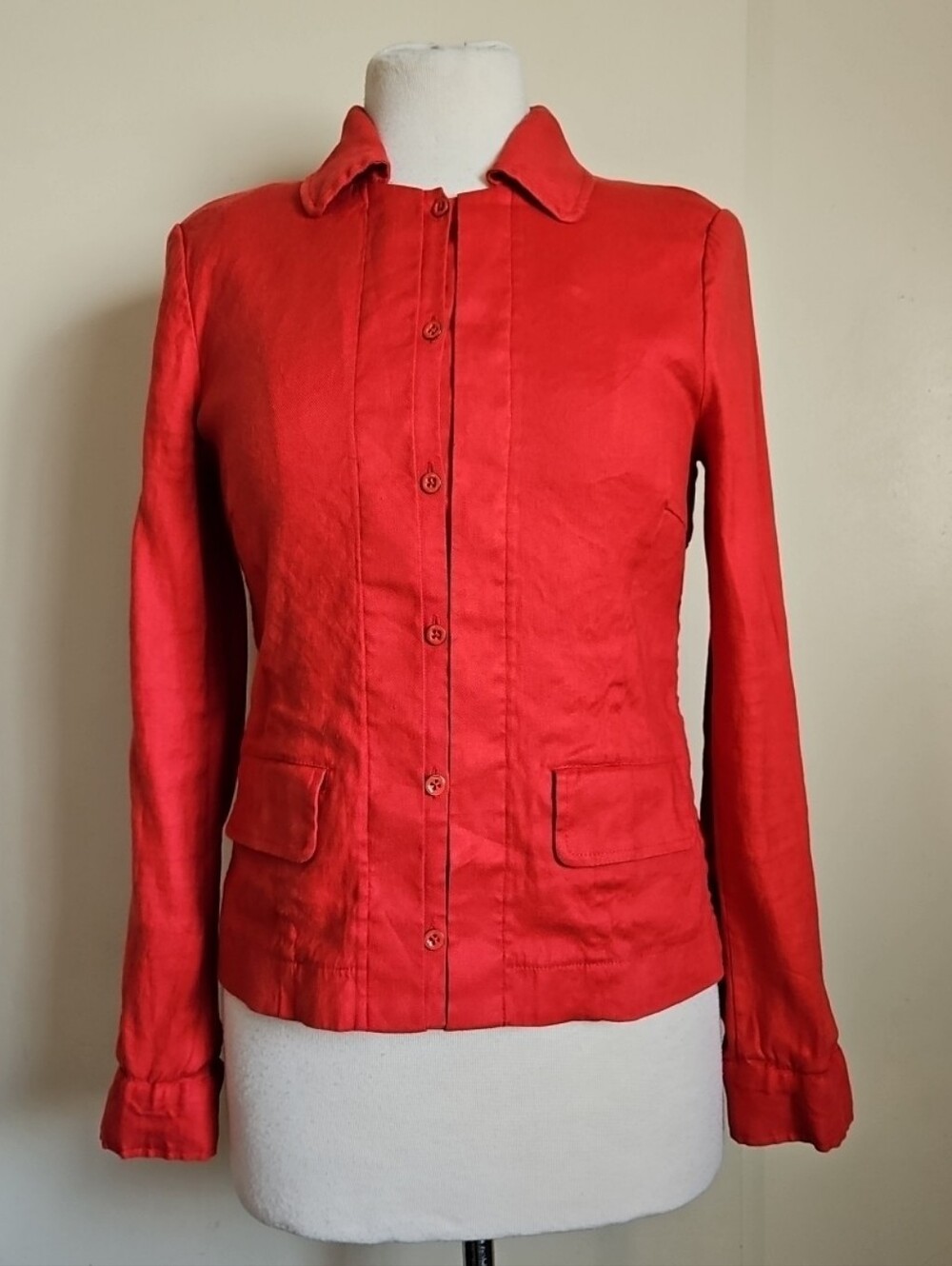 CAbi Valentine Red Linen Blend Button-Up Jacket Shirt Padded Shoulders Sz Small